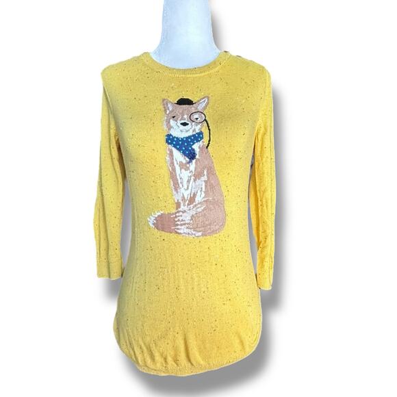 Talbots Petites Yellow Fox Sweater Monocle Top Hat Scarf Pullover Crewneck Knit - Picture 2 of 9